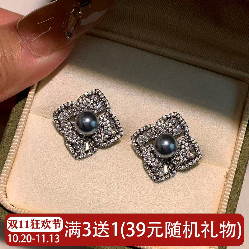 轻奢复古双层花朵耳钉女纯银针灰珍珠精致小众锆石黑色四叶草耳环