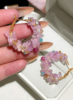 独特漂亮紫色水晶圈圈耳环女S925纯银法式手工串珠耳圈小众耳饰品