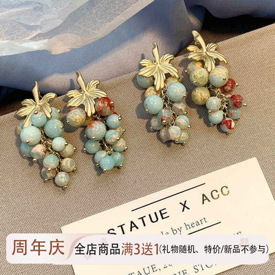 田园复古葡萄串珠耳环女925银针