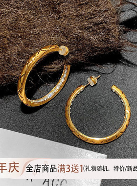 小香风菱格大耳圈女新款气质圈圈耳钉时髦欧美夸张复古圆圈耳环