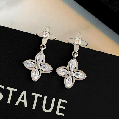 轻奢银色双层四叶草耳环女纯银针