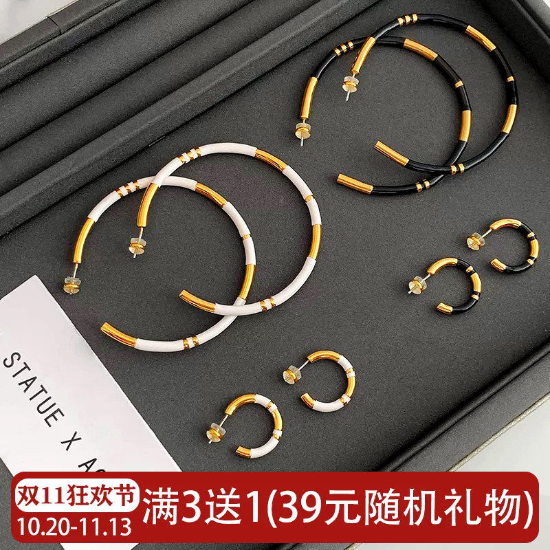 法式黑白金珐琅圈圈耳环女小众圆环耳钉纯银针C圈高级感夸张耳饰