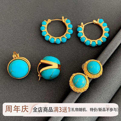 显白绿松石耳钉女纯银圈圈小众