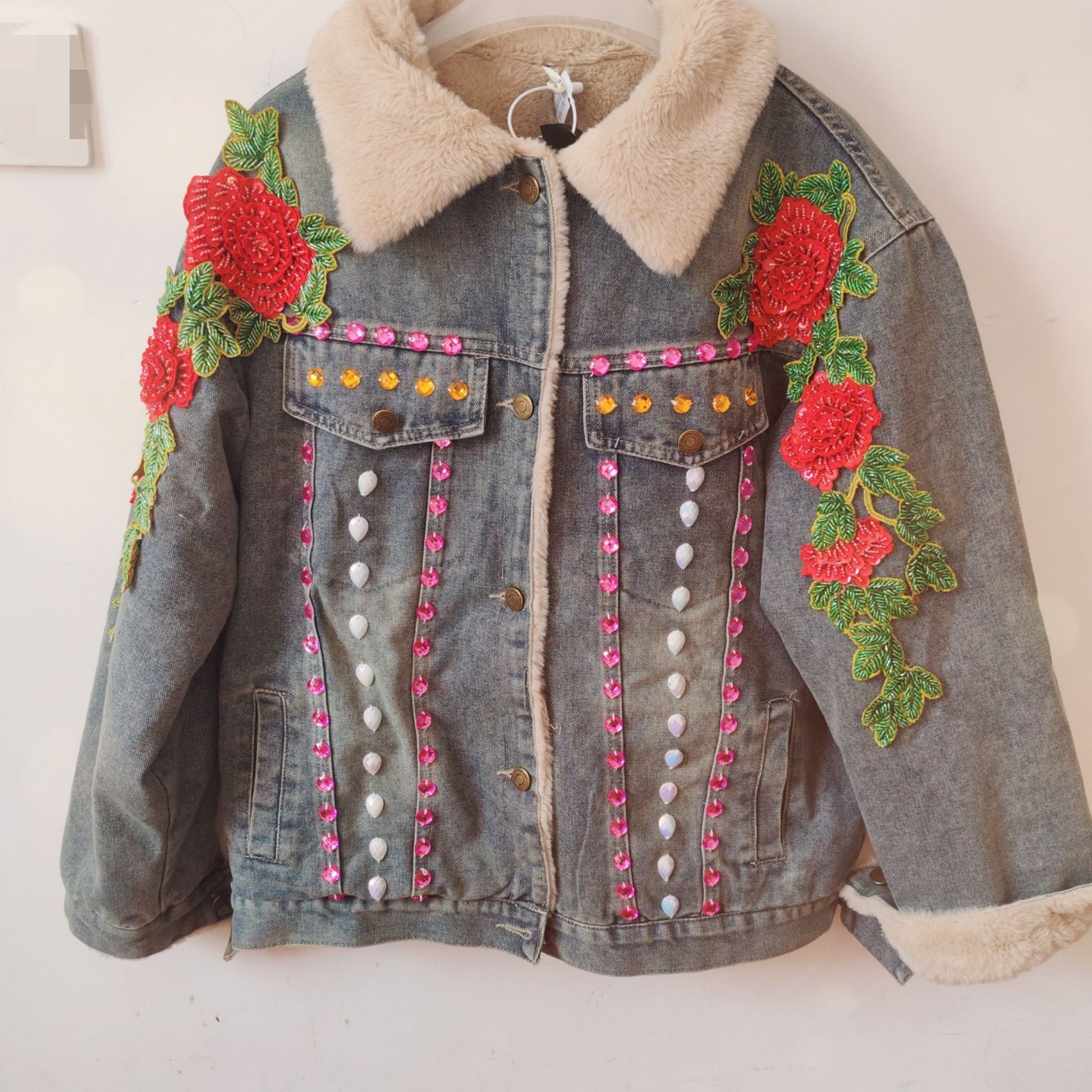 设计师冬季新款钉珠刺绣亮片拼接宽松加厚绒花朵牛仔派克服女
