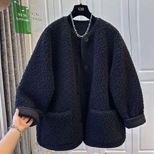 黑色摇粒绒棒球服加厚仿羊羔毛绒外套女秋冬季开衫宽松长袖外套女