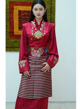 【雍嘉娜】西藏服酒红色系民族风女士藏装精美花纹织锦可当婚服