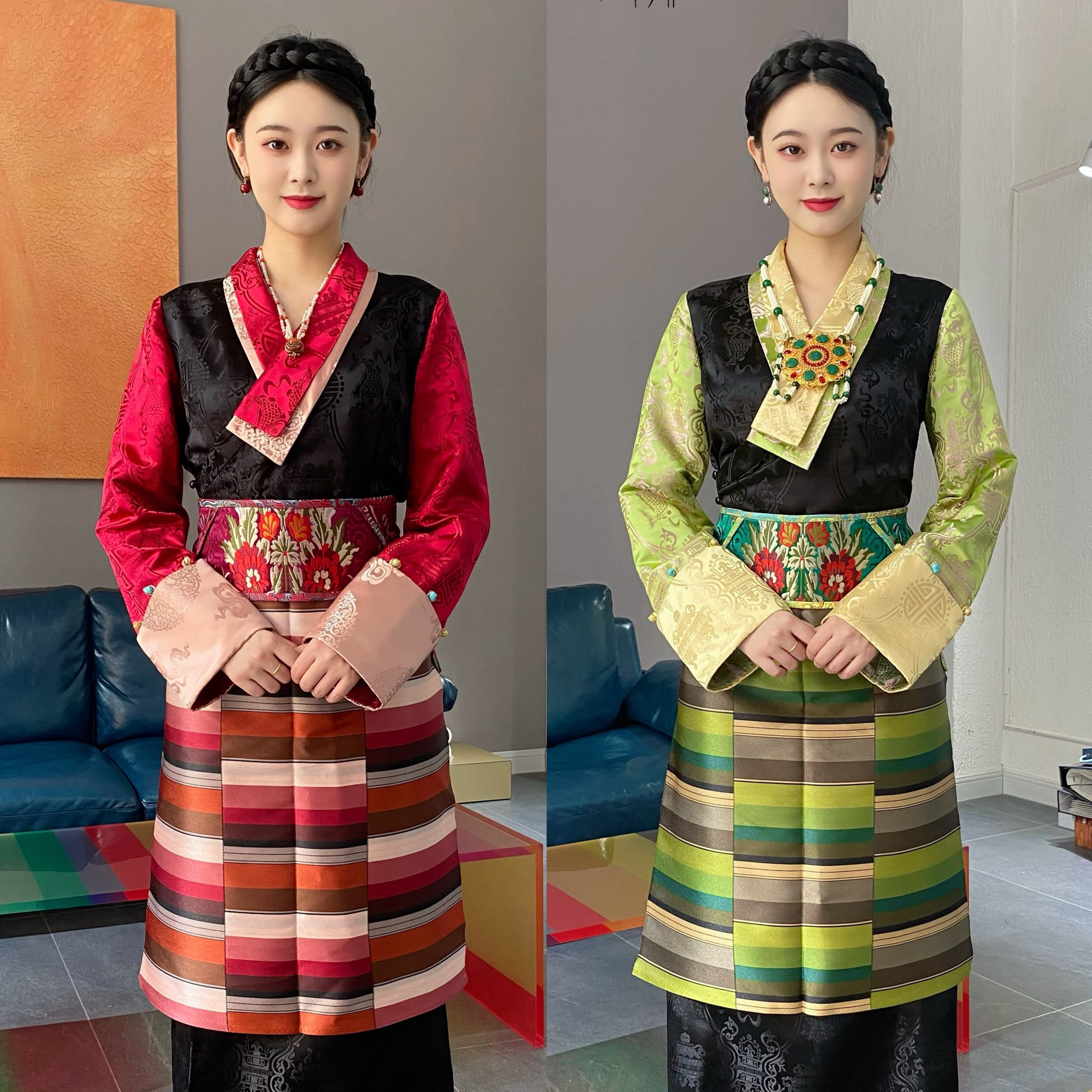 【雍嘉娜】优雅传统藏装红色绿色系织锦西藏服女款民族风