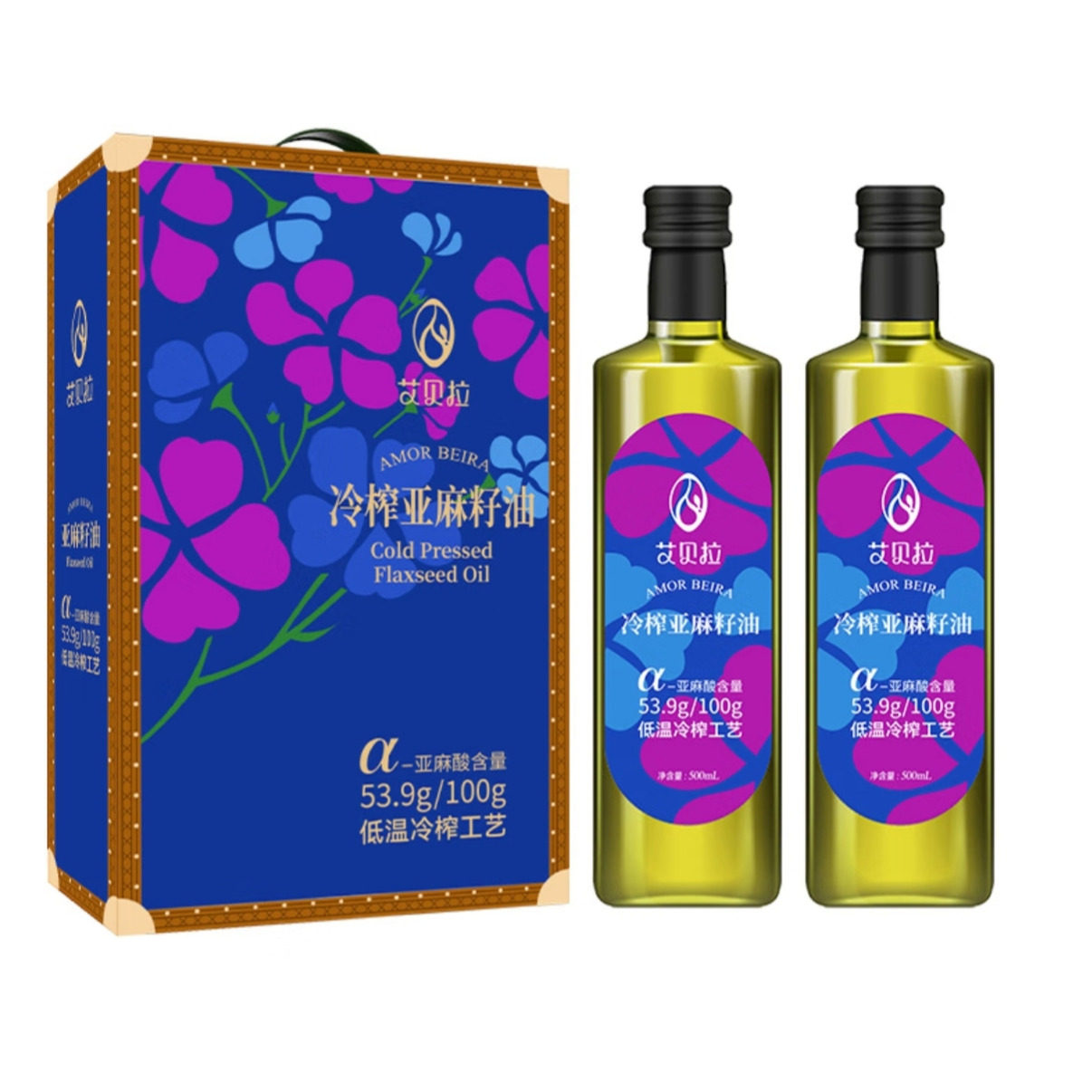 艾贝拉冷榨亚麻籽油500ml*2瓶礼盒装孕产妇月子油婴幼儿辅食油