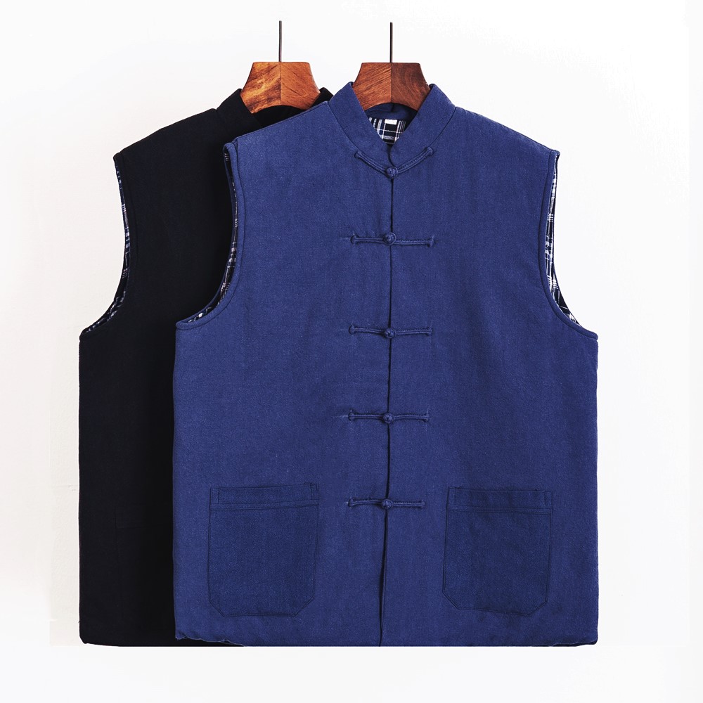 祥瑞唐冬季棉麻保暖男坎肩棉马甲