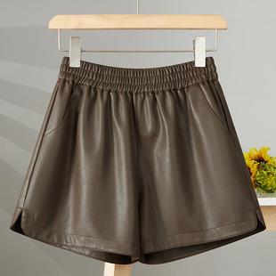 秋冬外穿松紧高腰咖色a字开叉PU皮阔腿靴裤 超火皮短裤 女2025新款