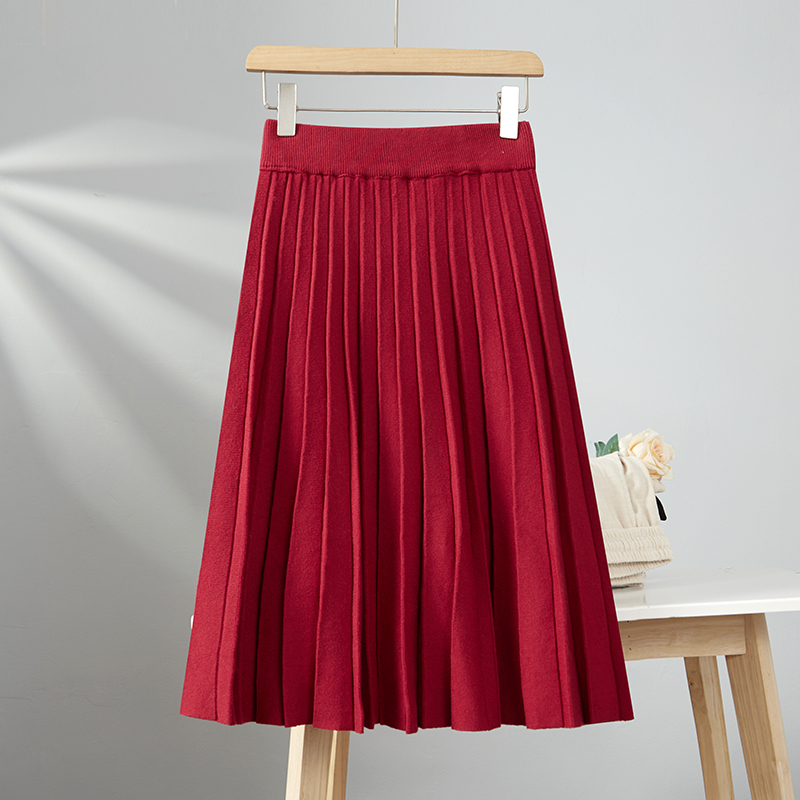 中长款a字百褶松紧腰毛线