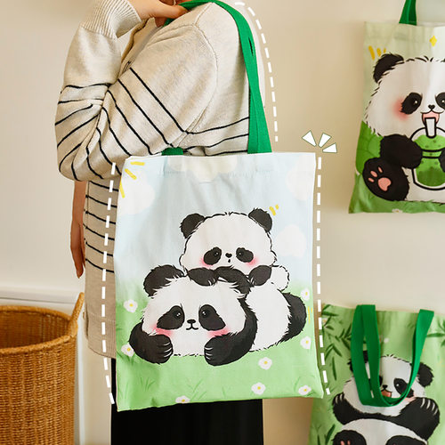 卡通熊猫帆布袋学生大容