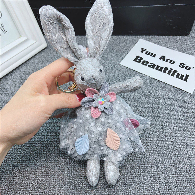 韩版可爱雷丝纱裙兔子钥匙扣树叶包包挂件 女士时尚汽车挂饰现货