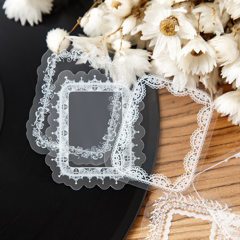 手工DIY干花书签 简约蕾丝花边pet贴纸包防水透明书签贴纸装饰