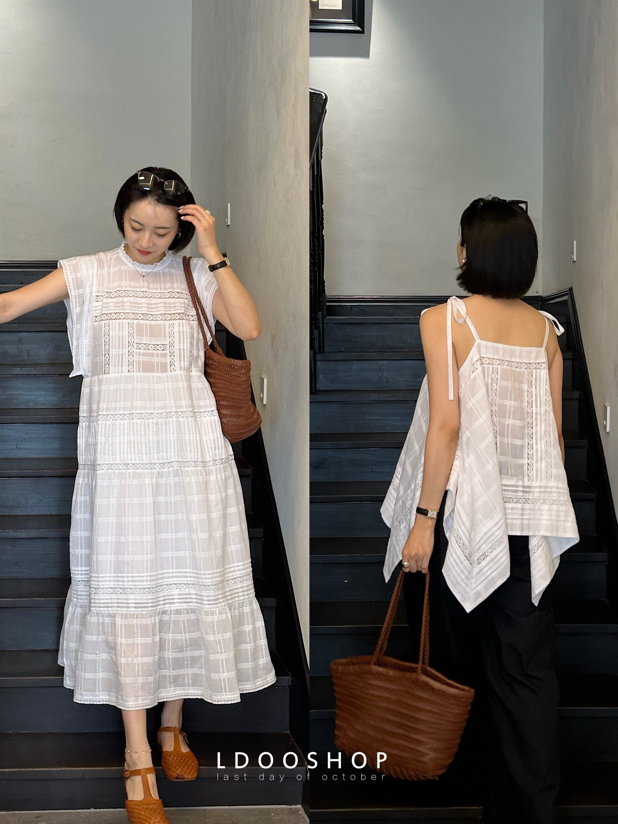 北欧连衣裙棉巴里纱提花格纹吊带