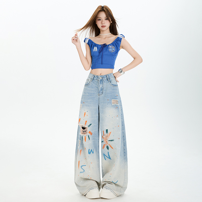 破洞彩绘牛仔裤女2025夏季新款高腰宽松直筒拖地设计感窄版阔腿