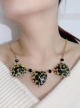 时尚豹纹项链爱心锁骨链链条