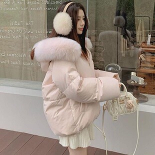 韩系嫩粉色连帽大毛领棉服外套女冬季新款短款加厚面包服棉衣