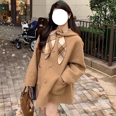 小个子宽松连帽格子毛呢大衣2025年冬季新款棕色通勤
