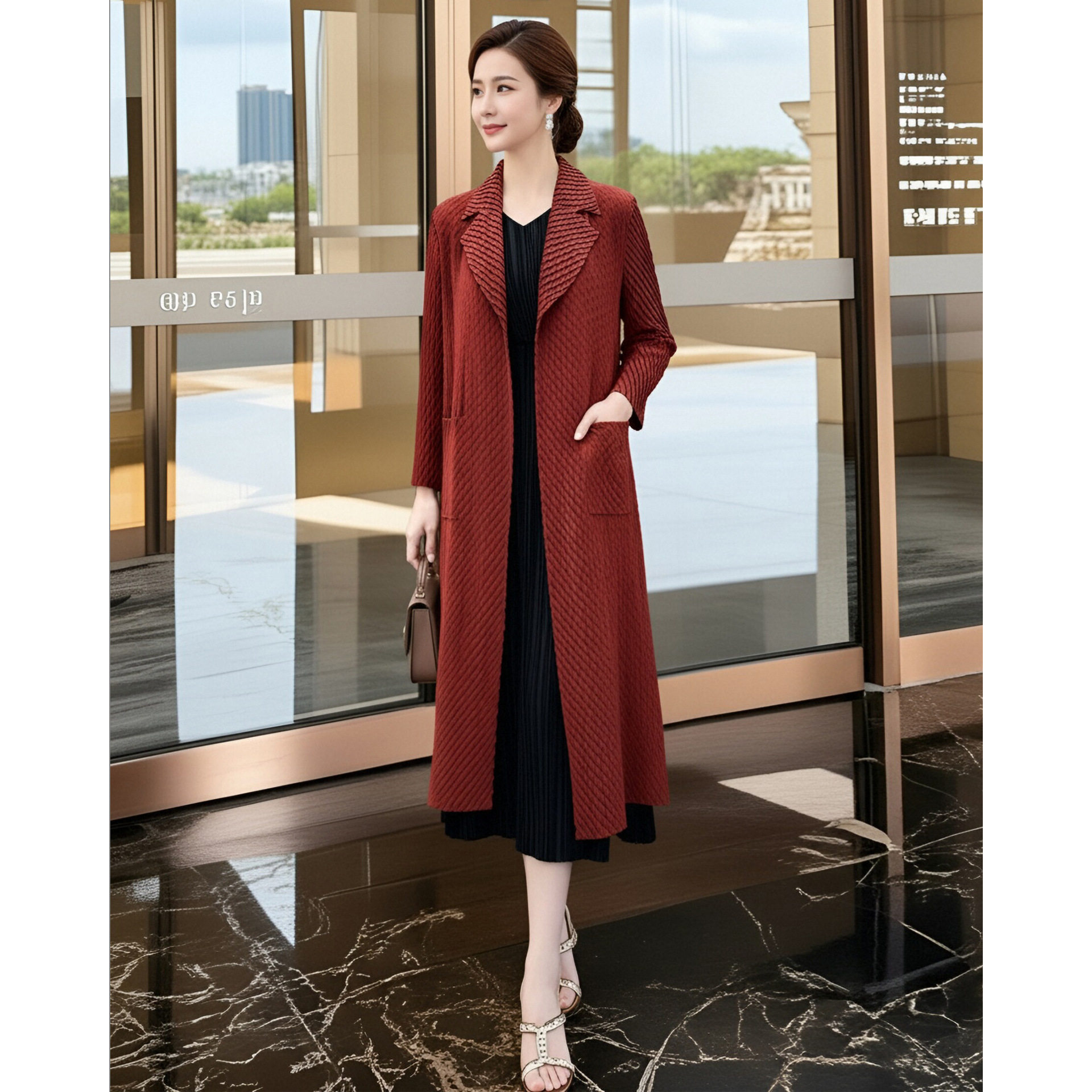 卡其色风衣女款2026新款春三宅褶皱外披高端大气上黑色中长款外套