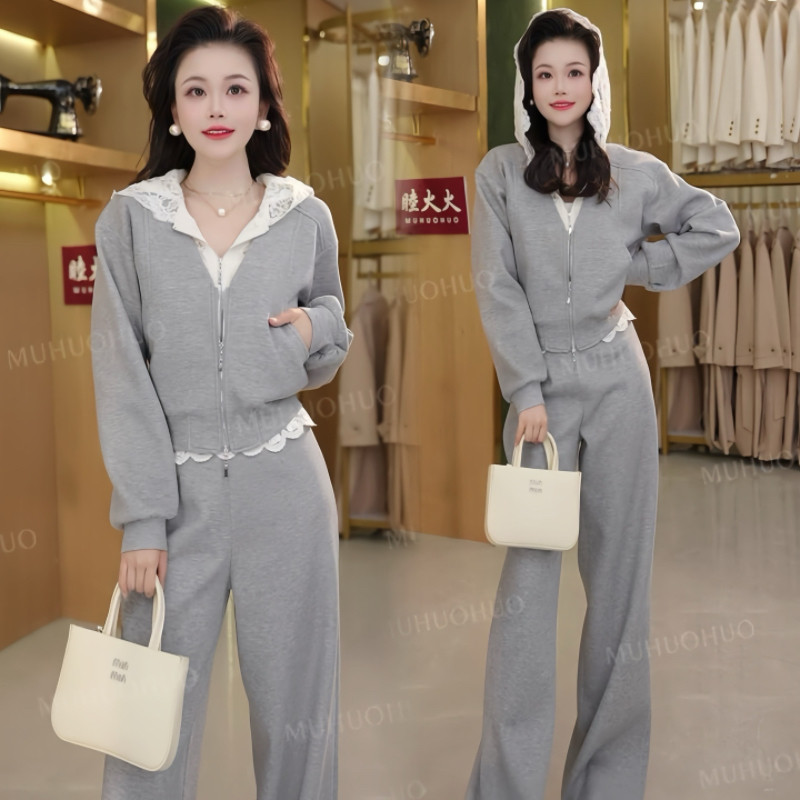 时尚蕾丝花边套装女2026春秋新款连帽卫衣短外套阔腿裤休闲两件套