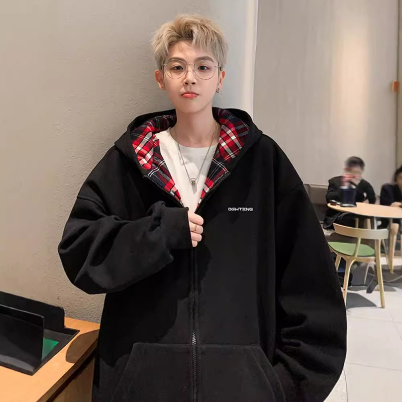 美式格子拼接开衫卫衣男春秋新款