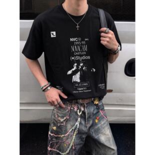 260g索罗娜凉感夏季男装短袖T恤黑帮人像美式高街复古街头小众