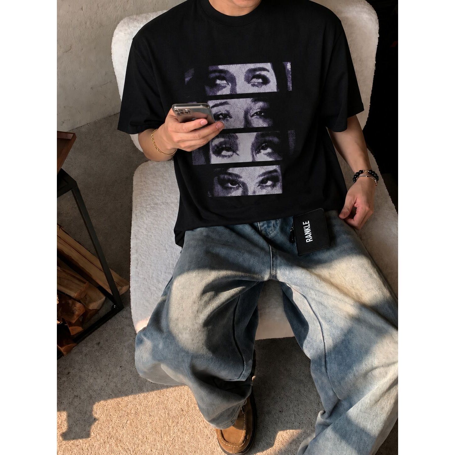 260g索罗娜凉感夏季男装短袖T恤分镜眼瞳印花美式高街痞帅潮牌