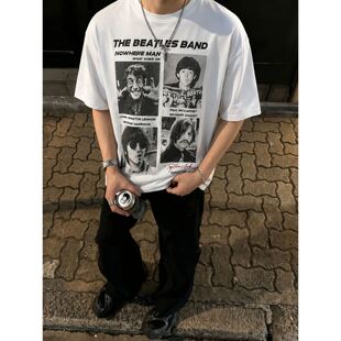260g索罗娜凉感夏季男装短袖T恤披头士乐队美式高街宽松半袖上衣