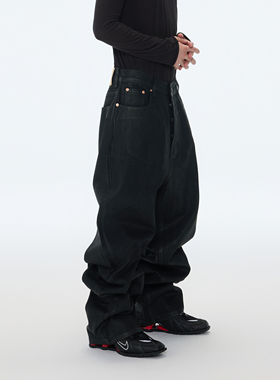 ASTT 25AW 刷蜡涂层廓形重磅硬挺深裆宽松直筒拖地牛仔堆积长裤