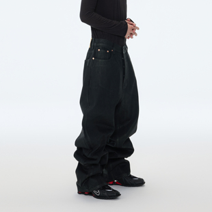 ASTT 25AW 刷蜡涂层廓形重磅硬挺深裆宽松直筒拖地牛仔堆积长裤