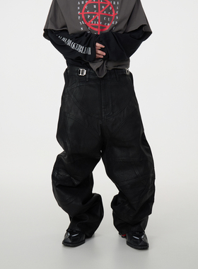 ASTT 24FW 暗黑风刷蜡涂层机车盔甲褶皱宽松阔腿拖地牛仔长裤潮