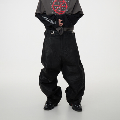 刷蜡涂层牛仔长裤FRKM褶皱拼接