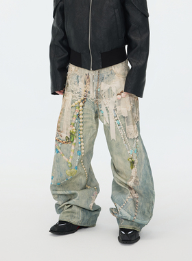 ASTT 25FW 3D打印珍珠链条蕾丝印花宽松弯刀休闲长裤蕾丝打印裤