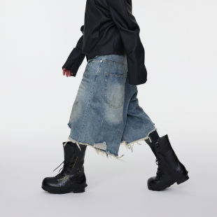 水洗做旧破坏毛边流苏脏洗压皱宽松过膝牛仔六分短裤 ASTT 25ss