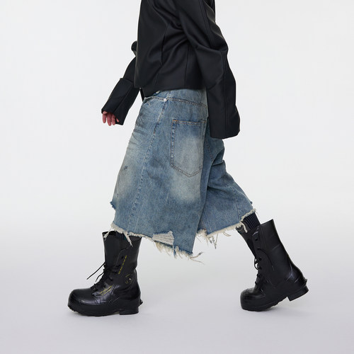 Grailz做旧宽松牛仔六分过膝短裤