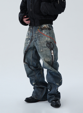 ASTT 24FW 小众3D打印链条剪刀视觉效果宽松直筒阔腿牛仔长裤潮