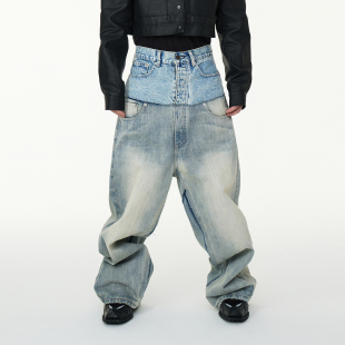 Baggy宽松低裆牛仔裤 双腰拼接假两件流苏破坏毛边A字版 25SS ASTT