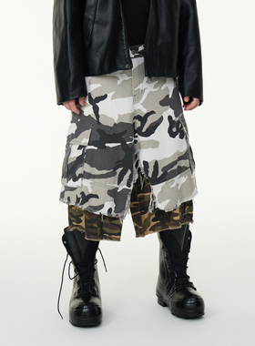 ASTT25SS双层拼料撞色流苏毛边水洗做旧宽松假两件迷彩七分短款潮