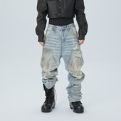 水洗做旧破坏流苏宽松直筒双膝堆积感通勤牛仔长裤 ASTT 25FW