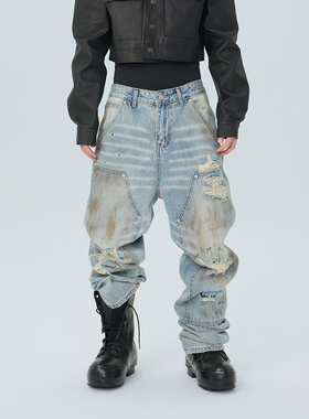 ASTT 25FW 水洗做旧破坏流苏宽松直筒双膝堆积感通勤牛仔长裤