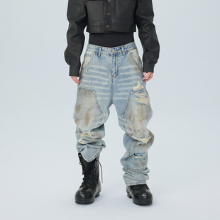 水洗做旧破坏流苏宽松直筒双膝堆积感通勤牛仔长裤 ASTT 25FW