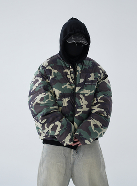 ASTT 24FW 小众绿迷彩拼接针织廓形宽松连帽印花加厚棉服上衣外套