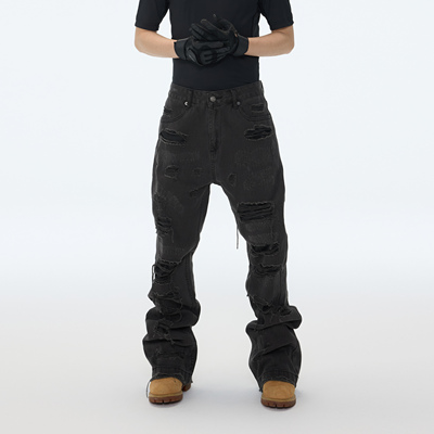 ASTT25AW破洞补丁微喇牛仔长裤