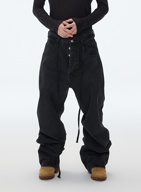 ASTT 25AW 水洗做旧宽松直筒加长堆积感黑色牛仔长裤堆叠长裤