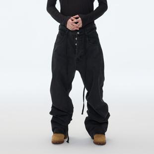 堆叠长裤 水洗做旧宽松直筒加长堆积感黑色牛仔长裤 25AW ASTT