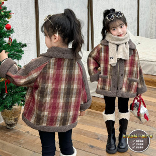 女童格子加绒外套秋冬季外穿上衣女童女孩时尚漂亮超酷外套保暖衣