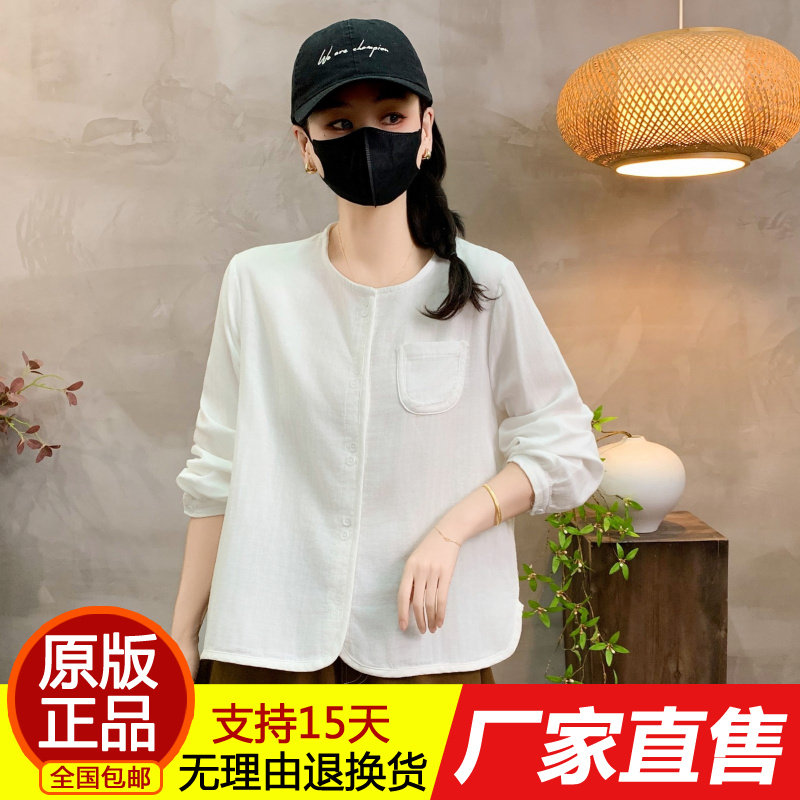 正品春季复古圆领长袖纯棉衬衫20