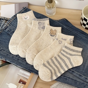 点子纱条纹熊袜子女短袜浅口ins潮纯棉春夏透气薄款 可爱浅灰船袜