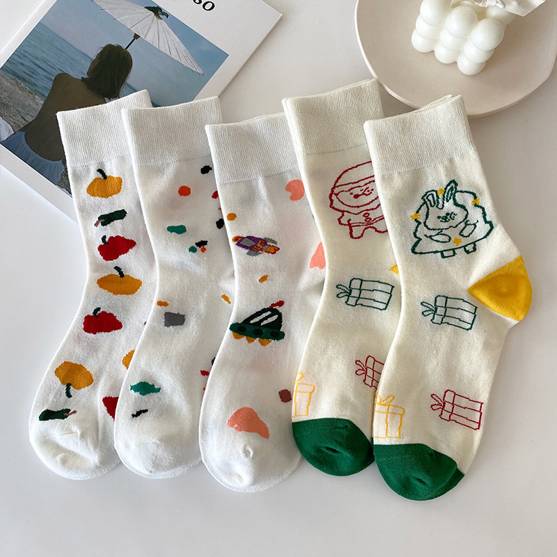 白色卡通袜子女中筒袜ins潮春秋韩国可爱日系网红款长筒学生秋冬
